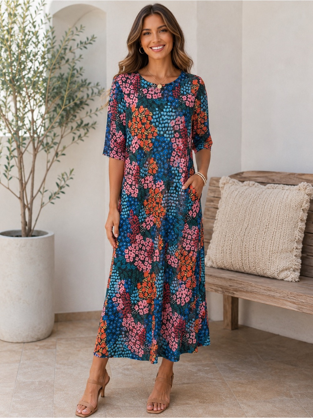 Johnny Was XL Floral Boho Maxi Dress Colorful Garden Print Stretch Chic Luxe